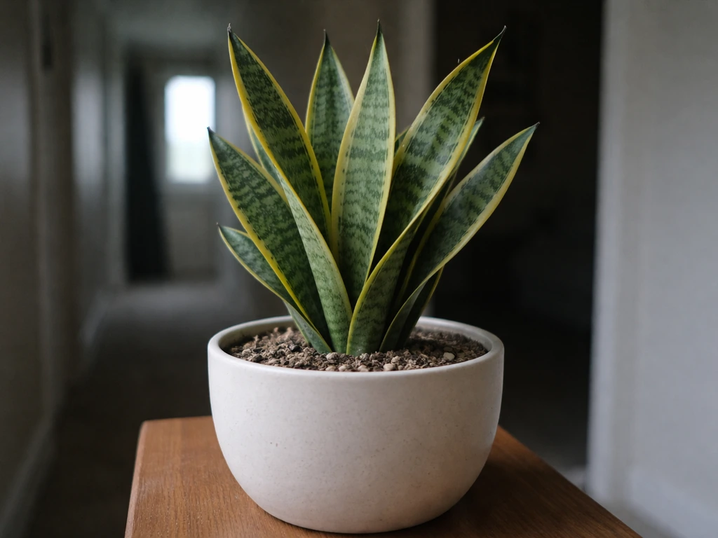 Close-up snake plant in a dim north-facing room with visibly dry soil surface level.