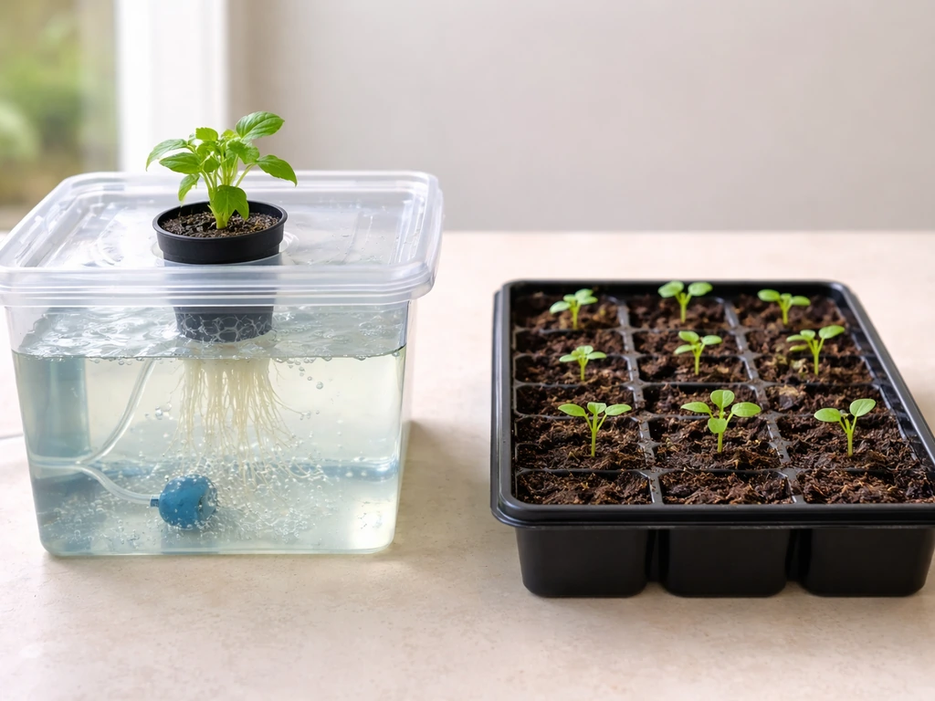 Small hydroponic deep-water culture roots beside a soil seed-starting tray on a bench