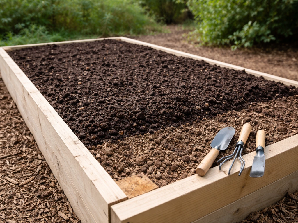 Raised garden bed showing layered compost over existing soil, ready for step-by-step soil building