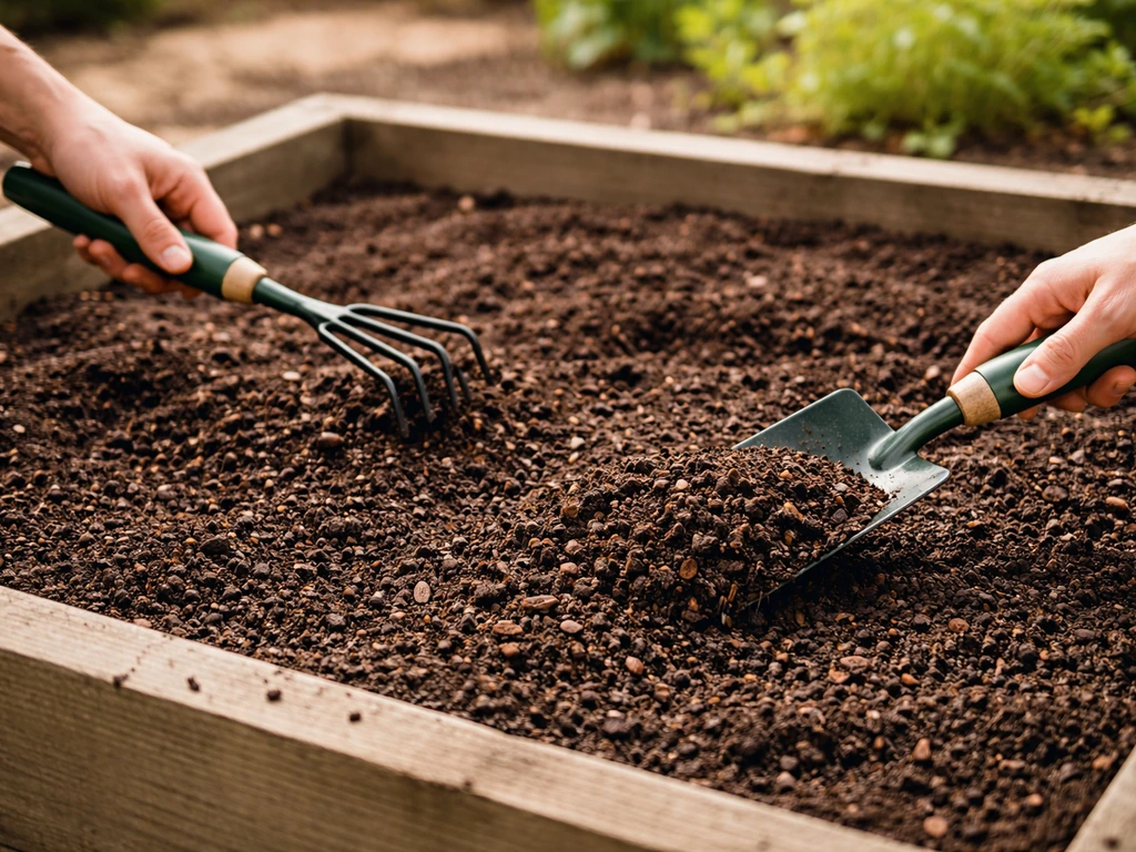 Gardener’s hands spreading dark compost over an empty raised garden bed.