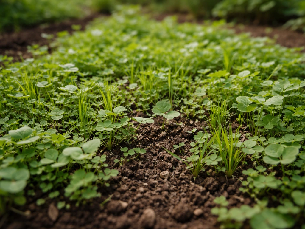 Close-up of seeded cover crop in a garden bed with lush green biomass and dark, healthy soil