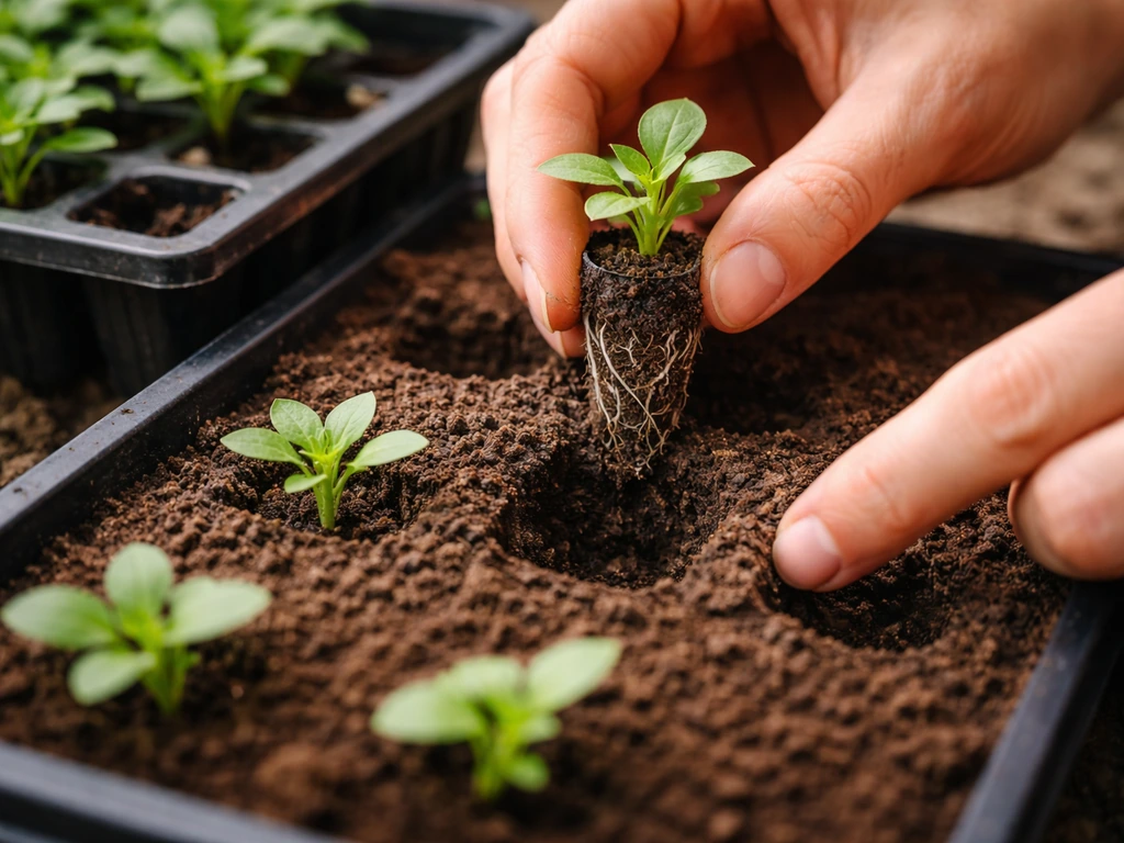Hands lift one plug plant from a tray and set it into moist compost at the right depth.