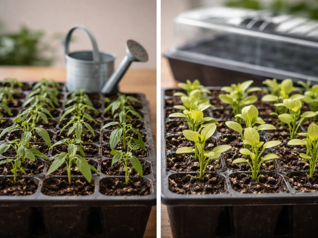 Close-up of plug plants showing wilting and yellowing, with a nearby watering-can and vented tray for quick fixes.