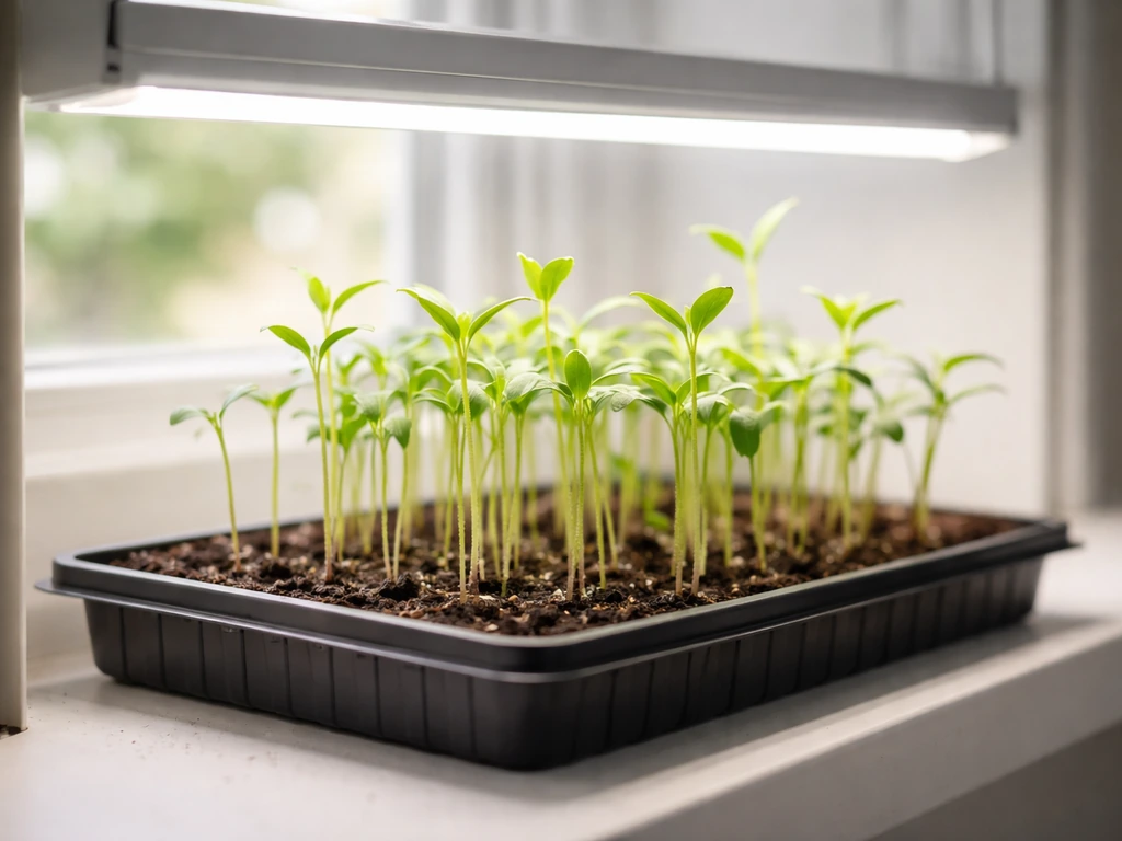 Green seedlings thriving under grow lights on a simple tray in a bright, clean indoor setup.