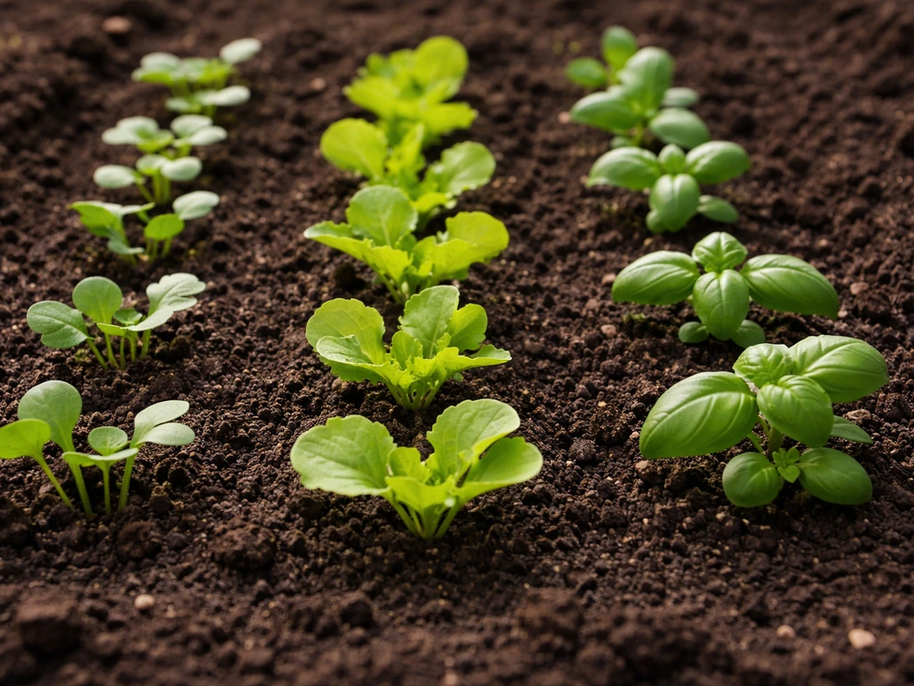 Row of early-stage radish, lettuce, spinach, and basil seedlings in a garden bed or trays.