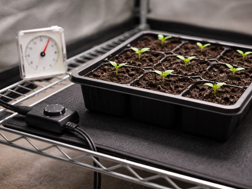Seedling tray on a heat mat with thermostat and analog thermometer in a minimal indoor grow setup.