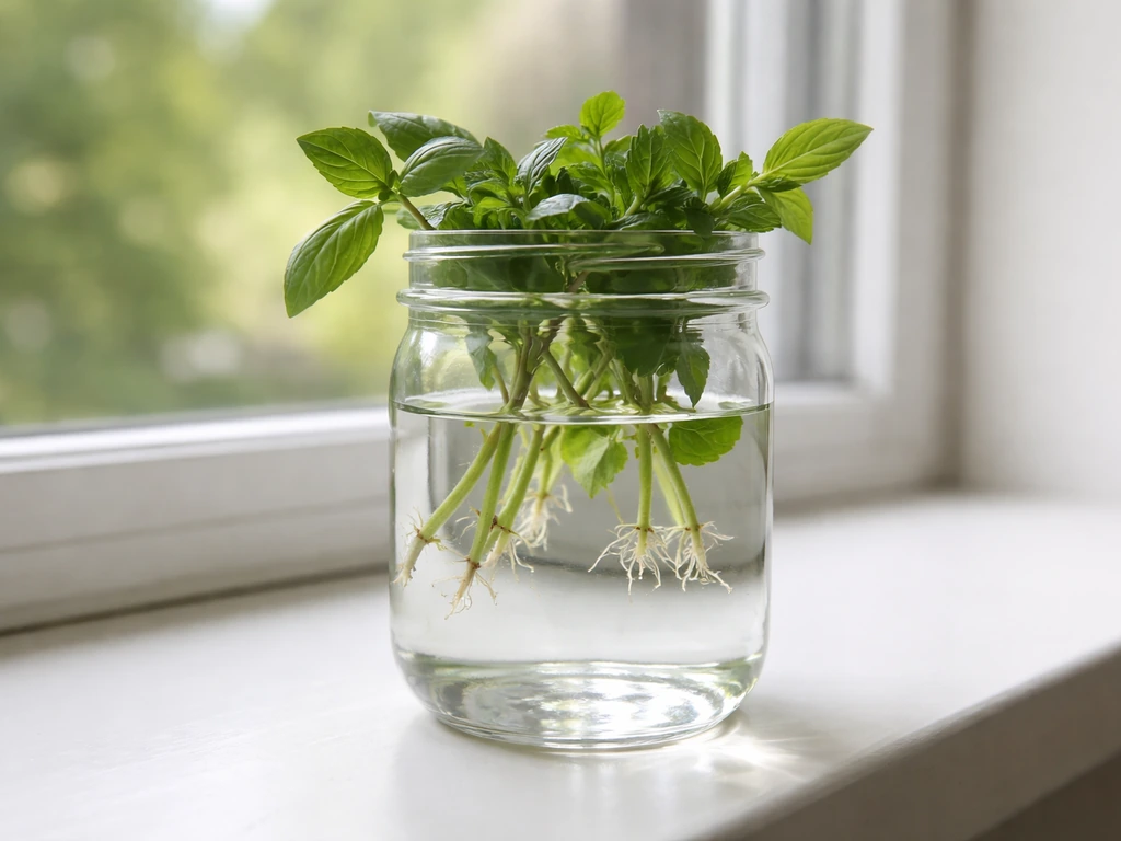 Clear jar of herb cuttings in room-temperature water on a bright windowsill with small developing roots.