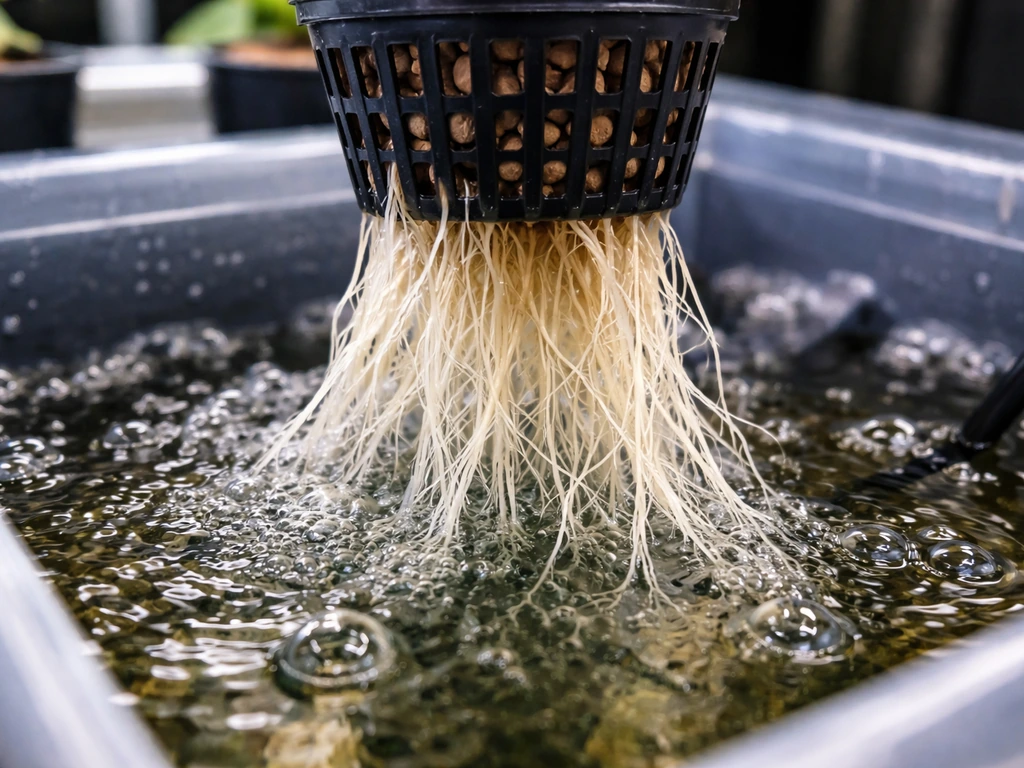 Beginner hydroponic setup with net pots and white roots thriving in nutrient solution under natural light