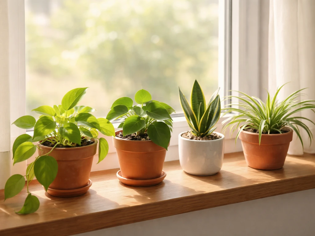 Healthy beginner plants on a sunny windowsill with varied leaves in small pots