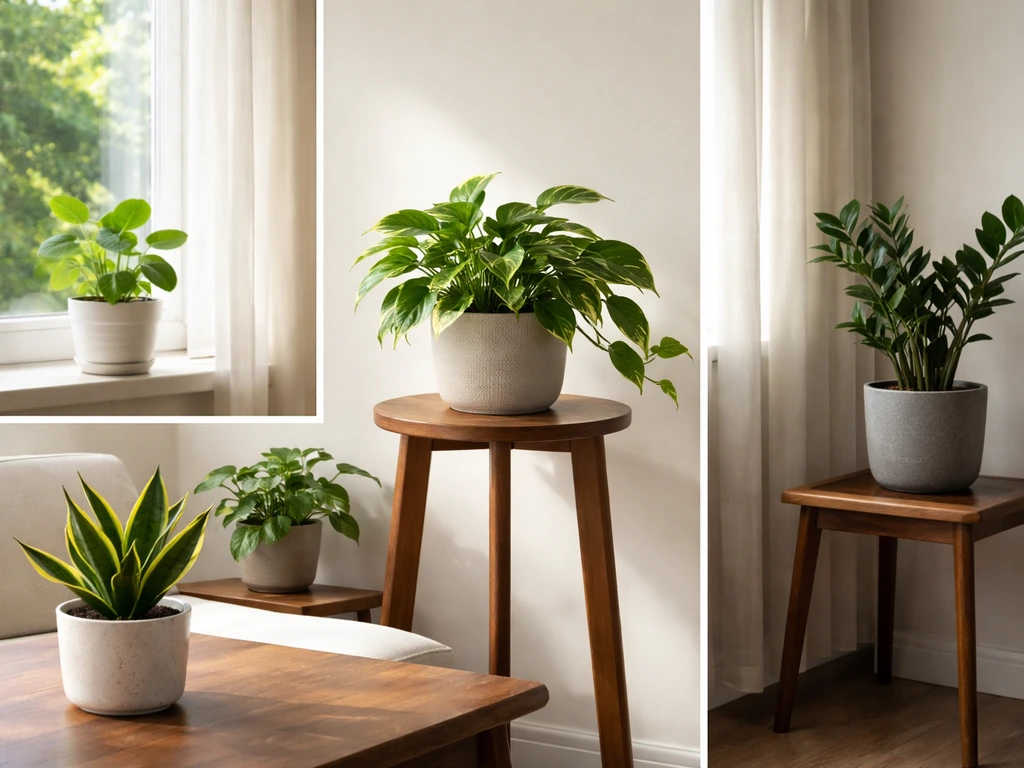 Four easy beginner plants on a windowsill and tabletop in different light conditions