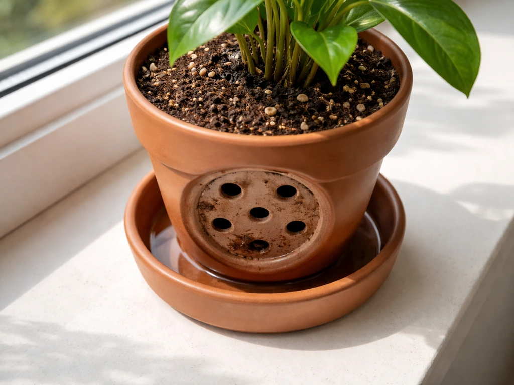 Potted plant on a saucer with clearly visible drainage holes underneath to show proper watering.