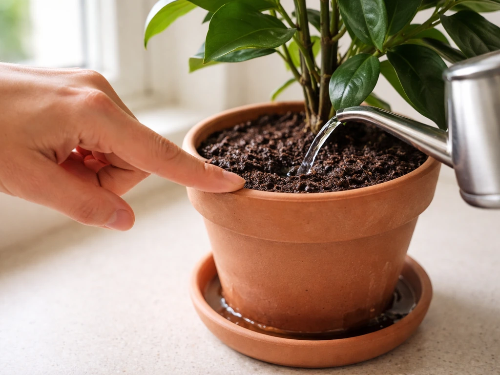 Hand checks the top inch of soil dryness while a watering can pours into a potted plant.