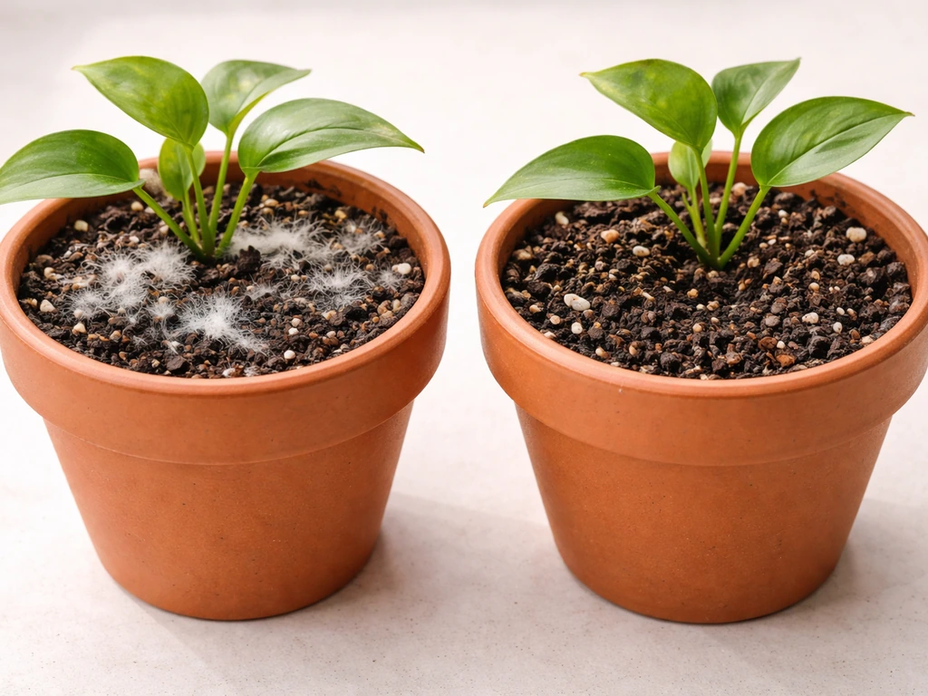 Two identical potted plants side by side: one with white fuzzy mold on damp soil, one with dry aerated soil.