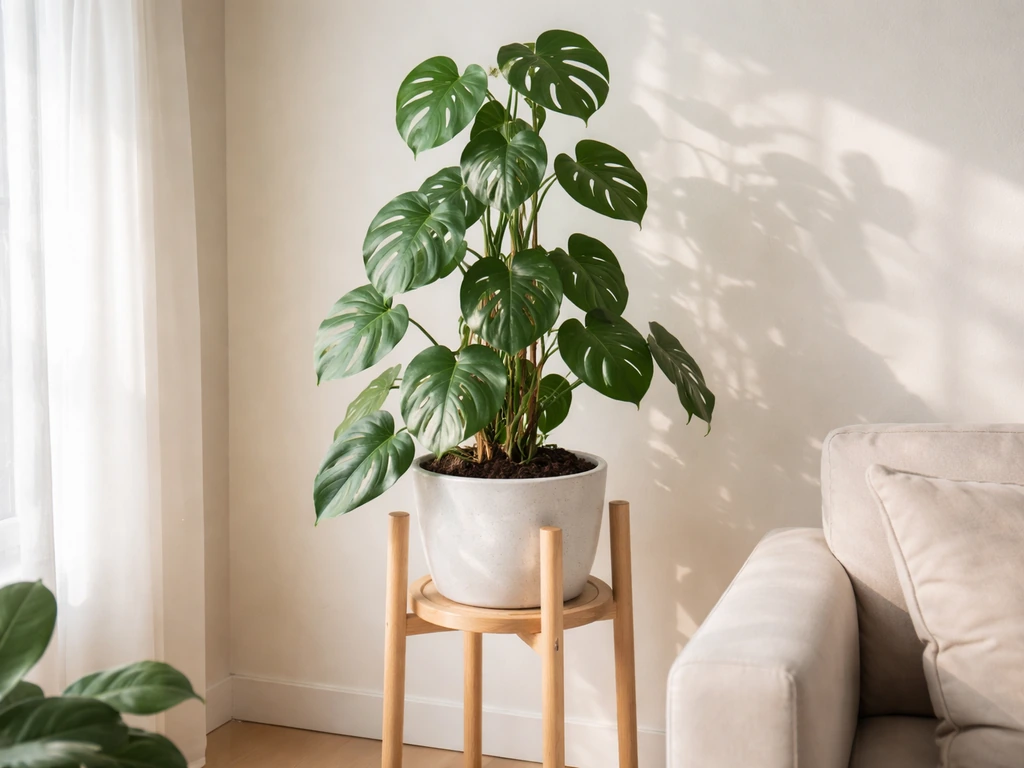 Glossy thriving houseplant on a simple stand in bright natural light in a tidy home corner.