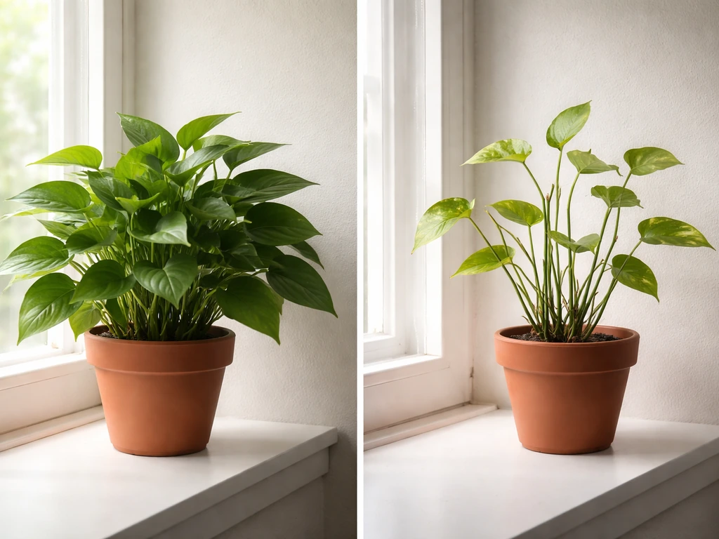 Two similar houseplants on a windowsill: one thrives in bright light, the other looks spindly and yellow in dim light.