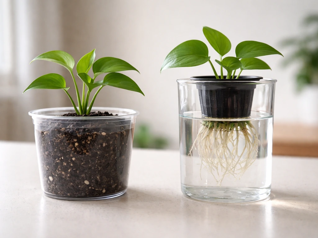Side-by-side photo: a young plant in soil pot versus another with roots in clear hydroponic water.