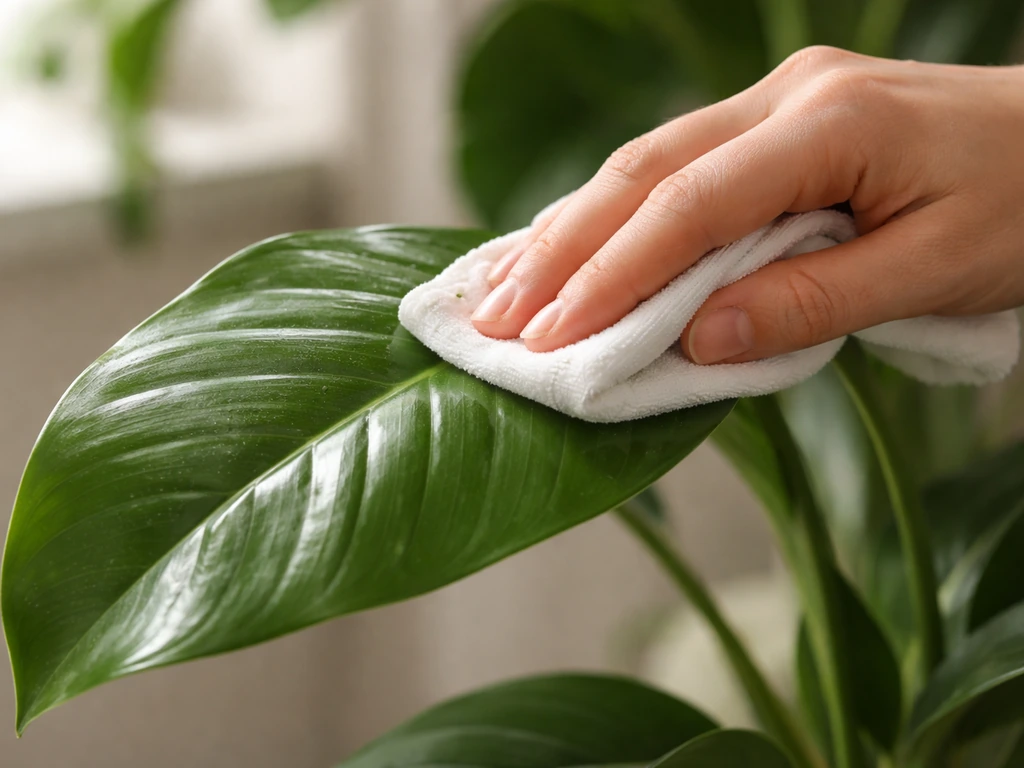 Close-up of a person gently wiping dust off a broad houseplant leaf with a damp cloth.