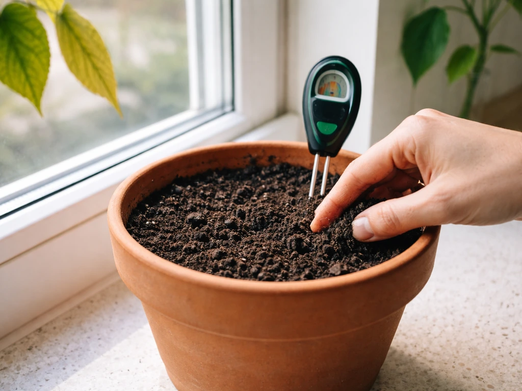Hand checks soil moisture in a terracotta pot with a yellowing leaf visible near the edge.