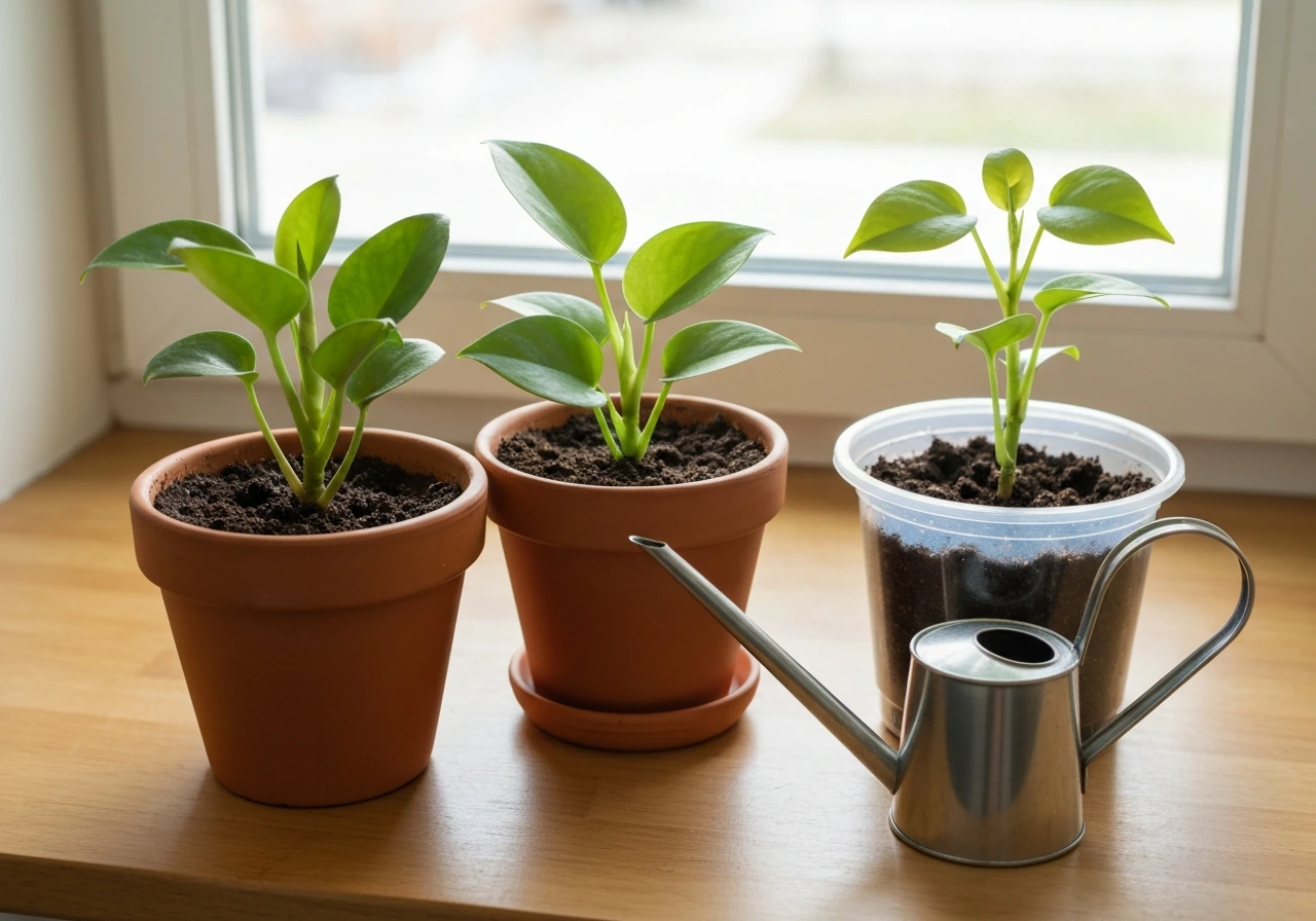Three easy houseplants in containers on a bright windowsill with a watering can beside them.