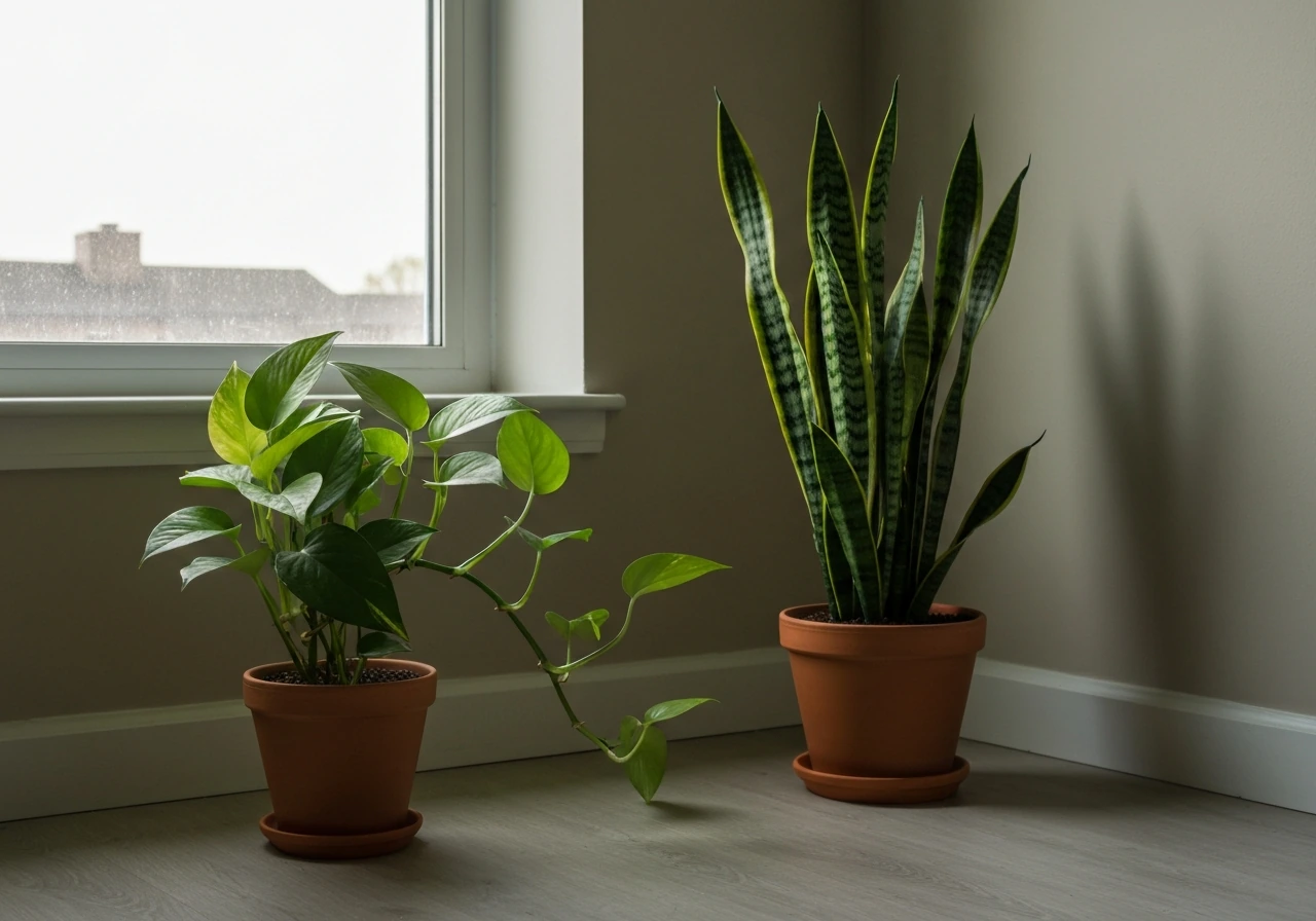 Two beginner plants—pothos by a bright window and a snake plant in a dim corner.
