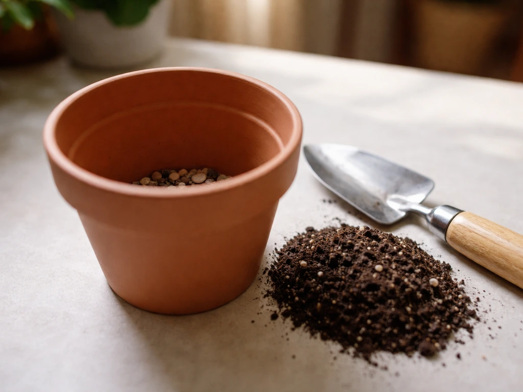 Close-up of a plant pot with a drainage hole, drainage layer inside, trowel and fresh soil nearby.