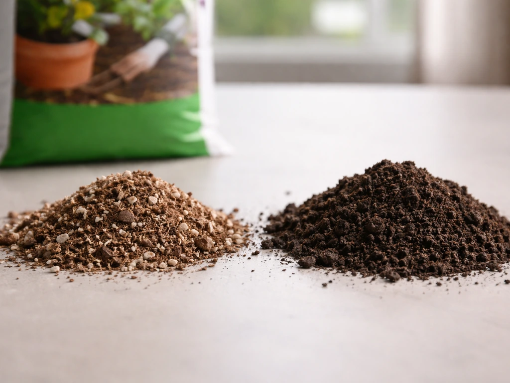 Side-by-side textures of soilless general-purpose potting mix and heavier garden soil, with a potting mix bag in view.