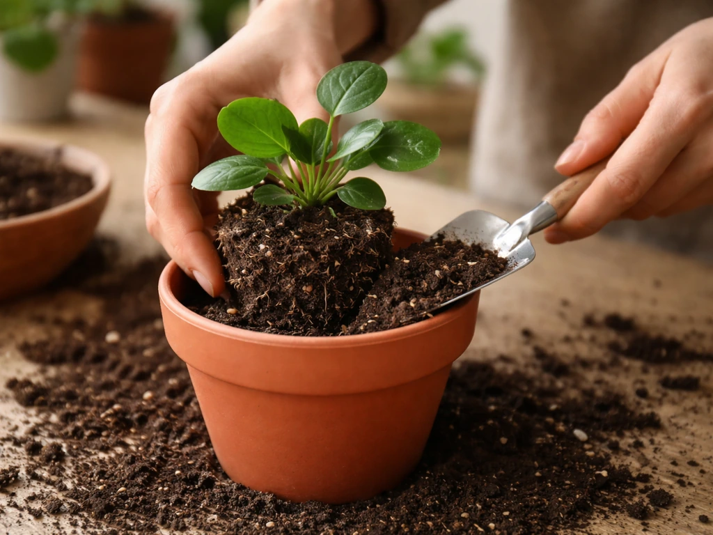 Hands placing a plant root ball at correct height in a pot, filling around it with potting mix.