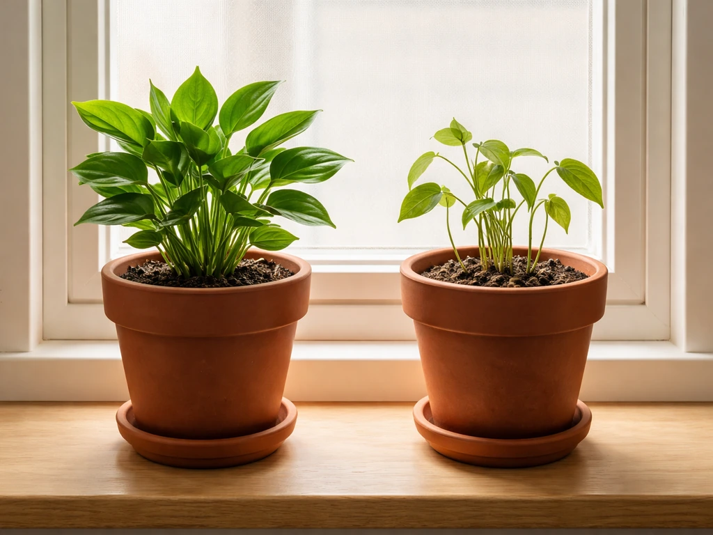 Two potted houseplants side-by-side: one lush and growing, one stalled in dull soil, natural light.