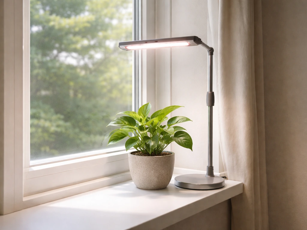 Leafy plant by a bright south-facing window with a nearby adjustable LED grow light above it.