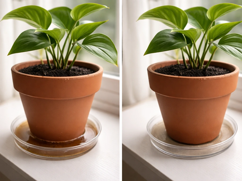 Close-up of a houseplant pot on a saucer—left pooled water, right dry and well-draining setup.