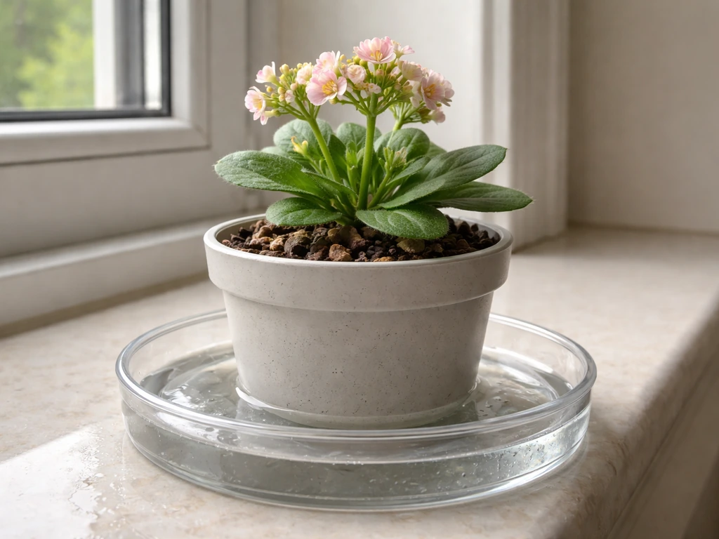 Houseplant pot soaking from below in a shallow tray of water on a windowsill