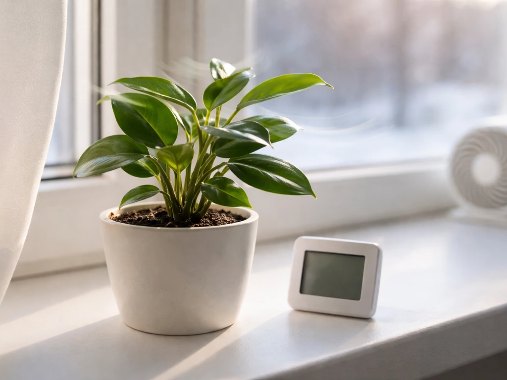 Leafy houseplant on a windowsill with a thermometer-hygrometer device nearby and gentle airflow.