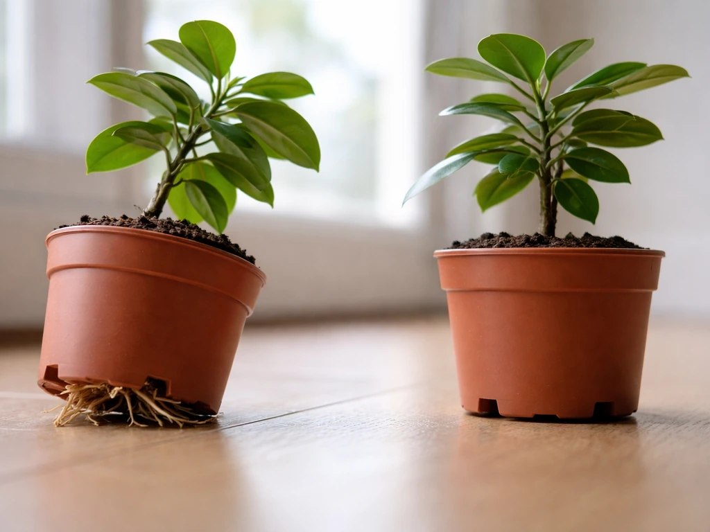 Close-up of a potted plant showing roots at drainage holes next to a stable correctly sized pot