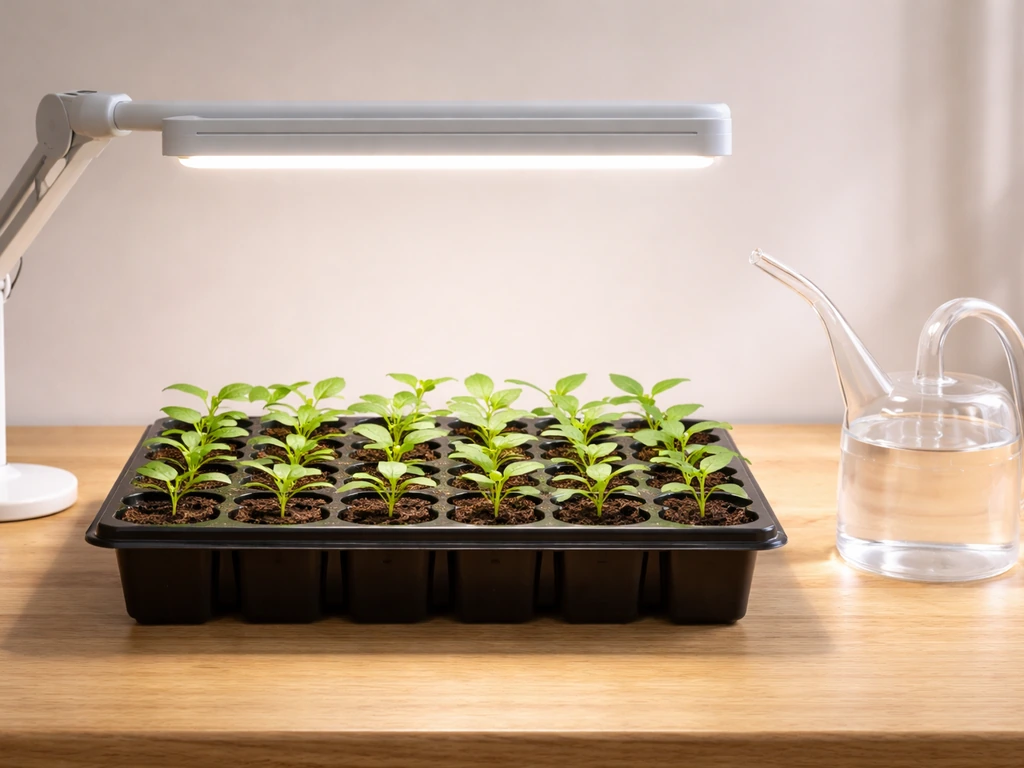 Seedling tray under a grow light with a watering can nearby and a clear view of light distance