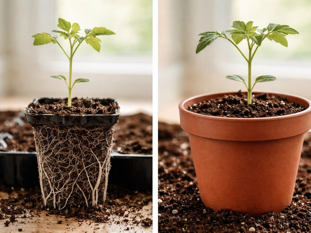 Side-by-side before/after seedlings in small vs larger containers, roots visible near the bottom.
