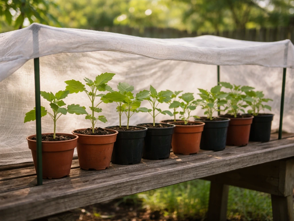 Potted seedlings on a bench outdoors under a wind/sun screen during hardening off