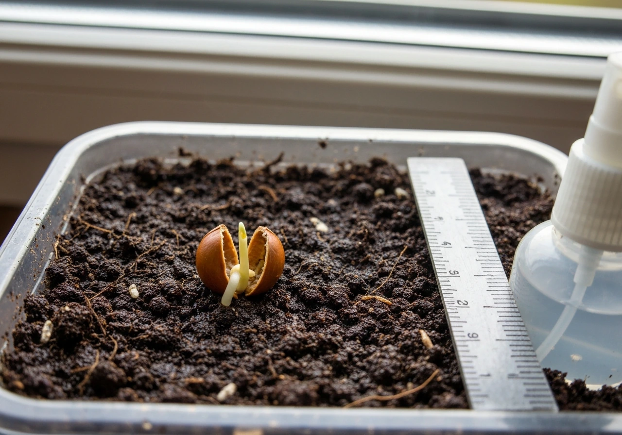 Sprouting seed with radicle and shoot emerging from moist seed-starting mix