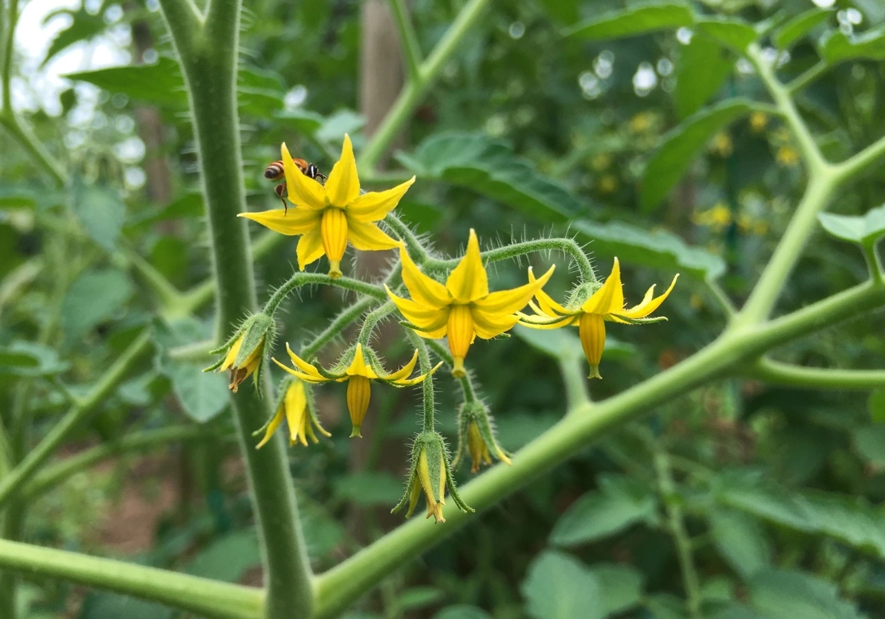 Tomato flowers with a pollinator and a small green fruit set