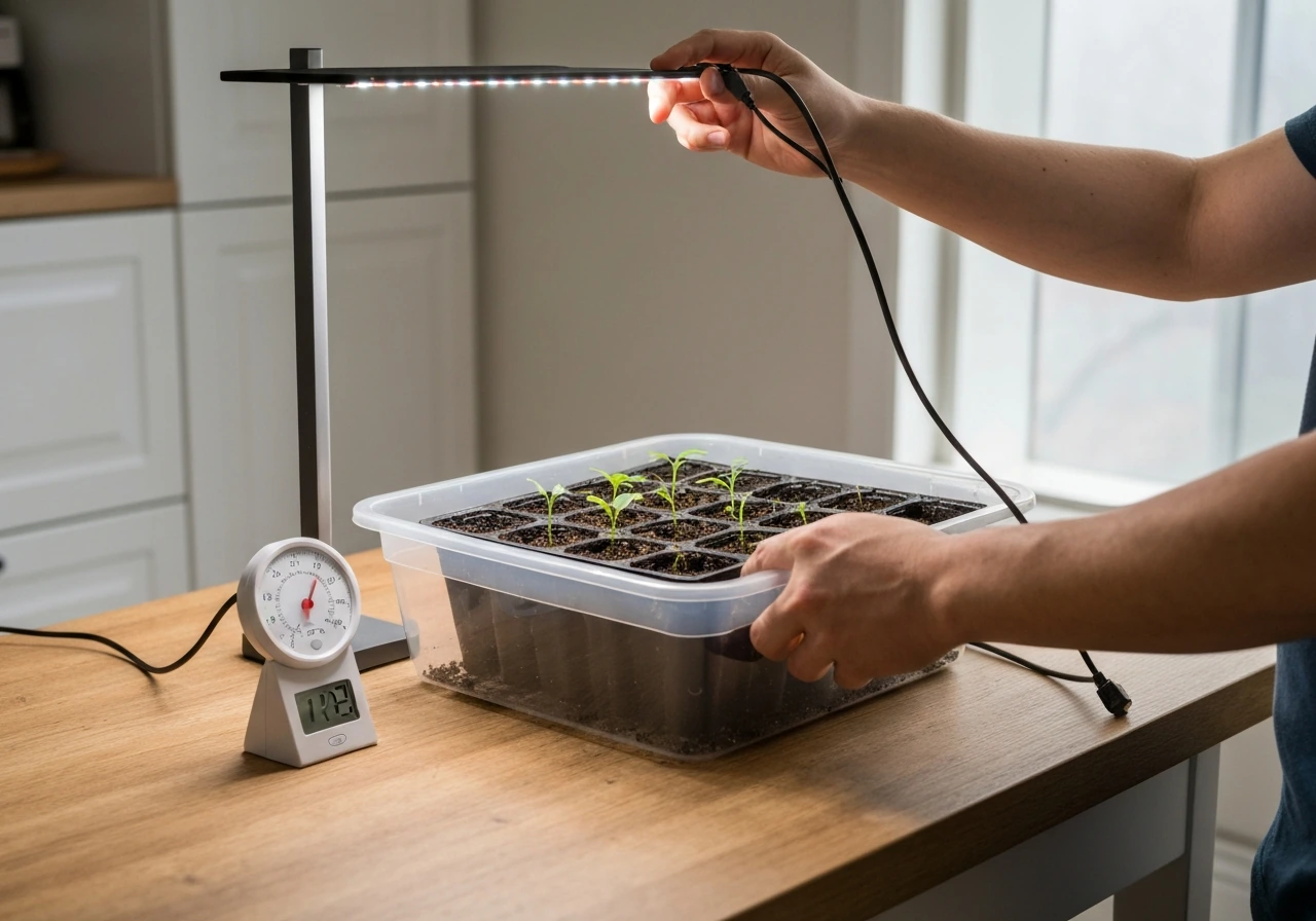 Beginner indoor setup with seedlings under a grow light and thermometer nearby