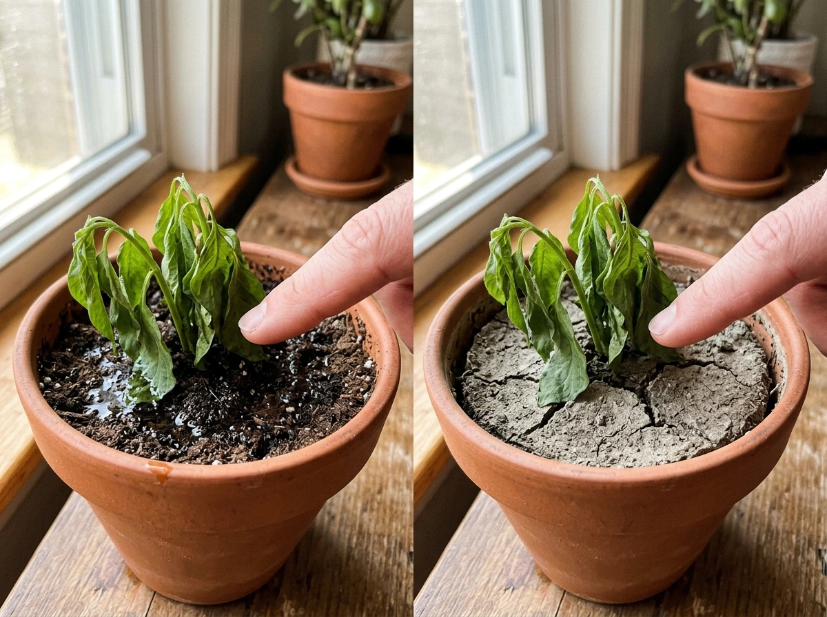 Two wilting seedlings in wet vs dry pots for overwatering vs underwatering