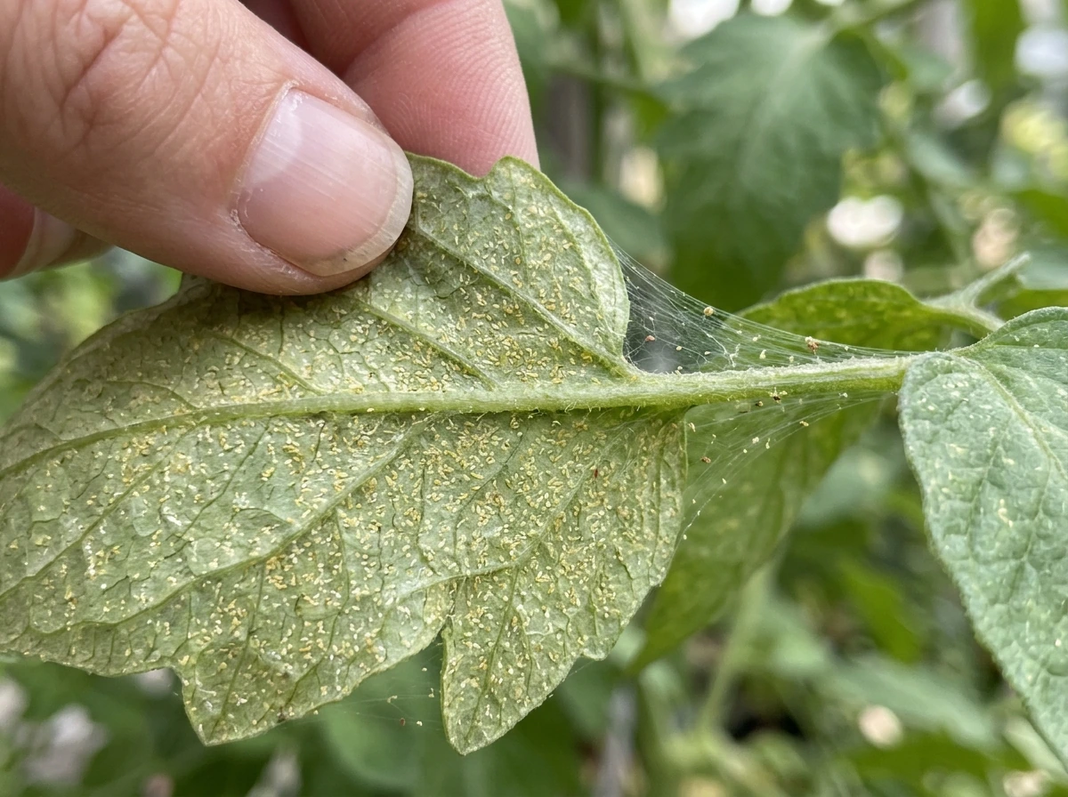 Leaf underside with spider mite stippling and fine webbing