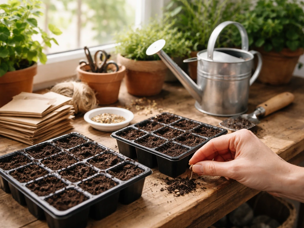 Hand planting seeds on soil tray beside watering can, trowel, and seed starter supplies on counter.