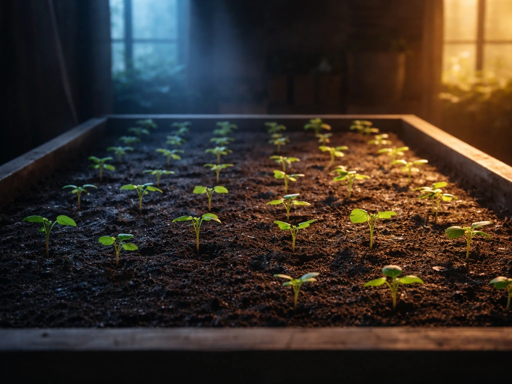 Plants sprouting in a simple Growing Plot with moody day/night lighting cues