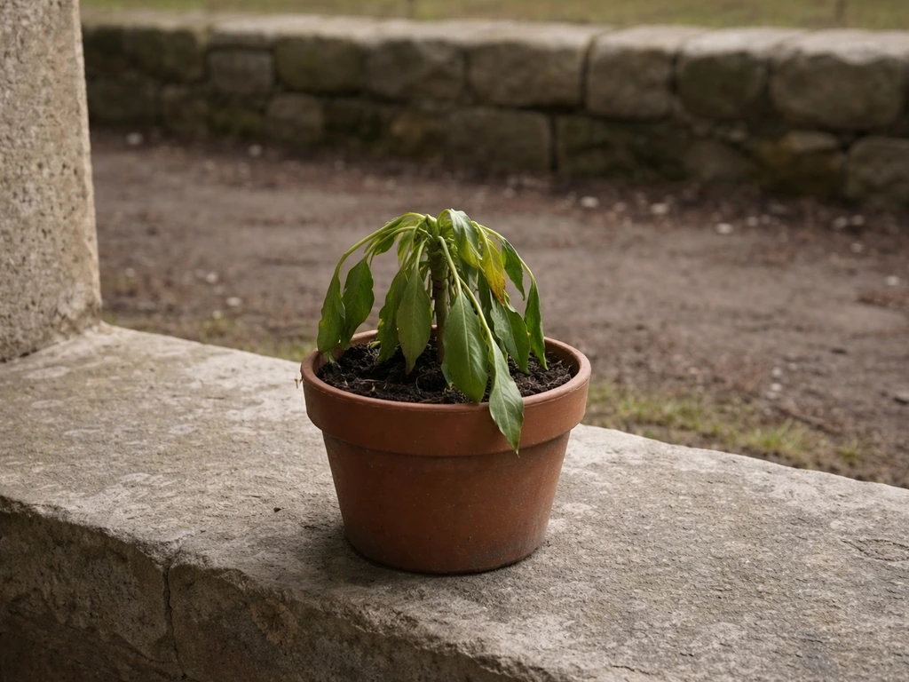 Small potted plant wilting on windowsill beside a bare garden bed outside a stone wall boundary