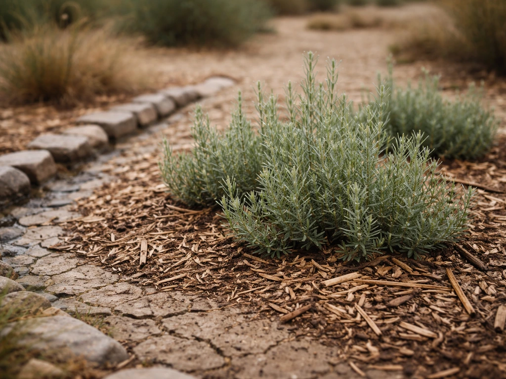 Mulched dry garden bed with drought-tolerant plants thriving, rain droplets on leaves, no irrigation visible