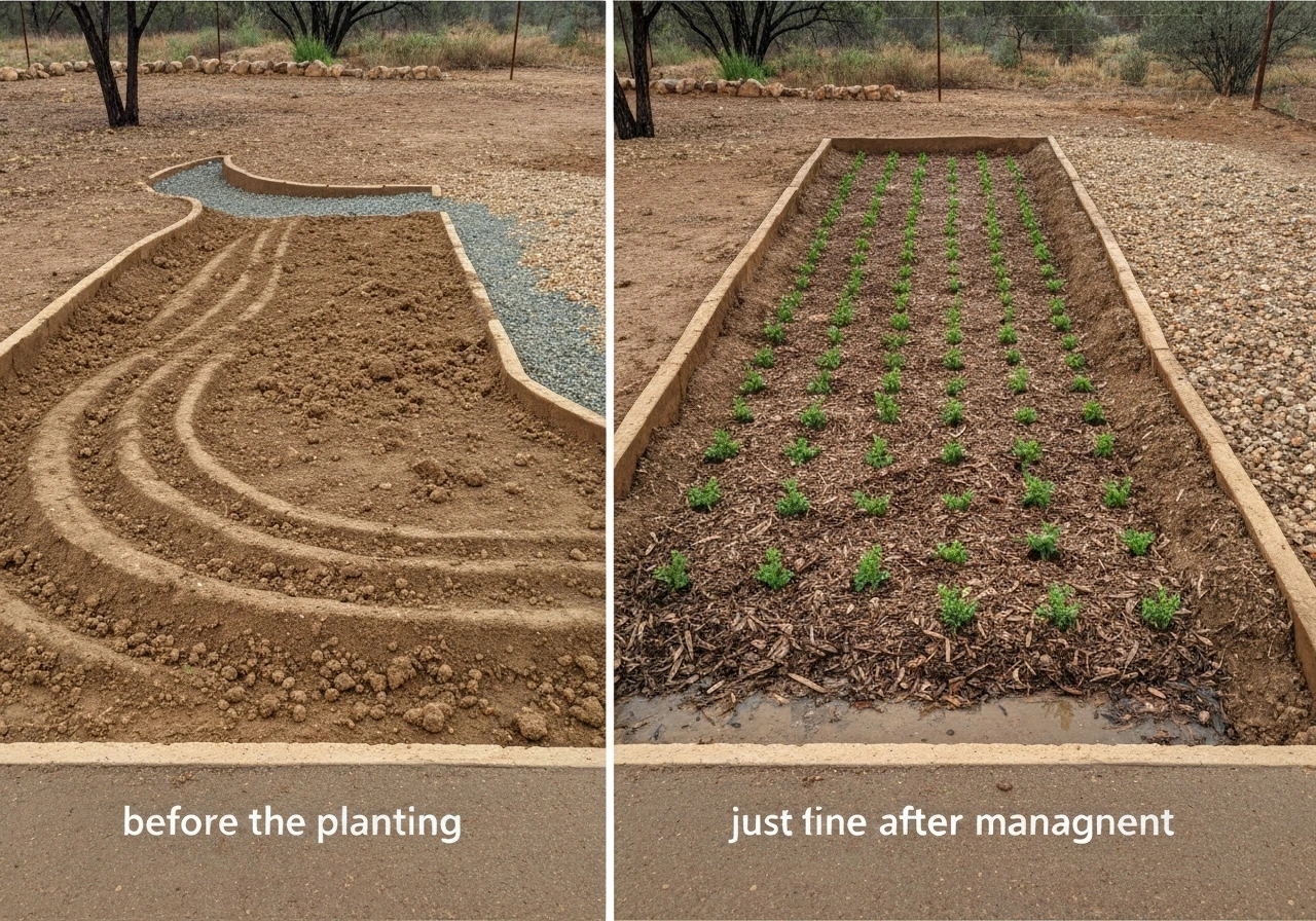 Rain-fed dryland in-ground planting bed with weathered mulch, drainage soil, and water capture channel before and after.