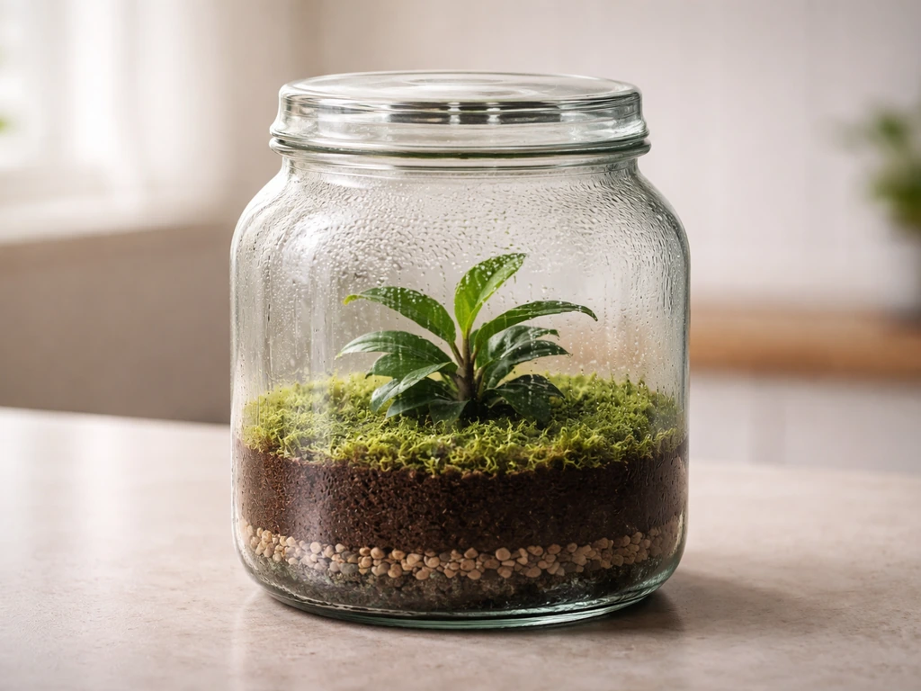 Clear terrarium container with layered substrate and a vented semi-closed lid holding humid condensation.