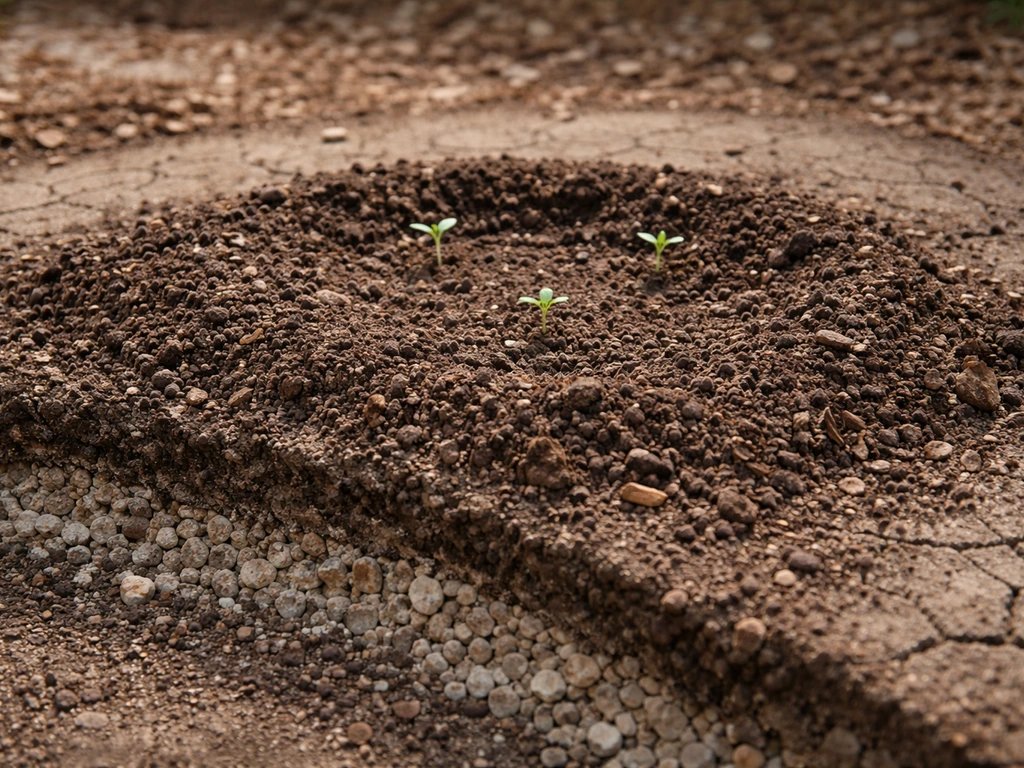 Close-up of a prepared dryland planting bed with coarse soil amendments and improved drainage under natural light.