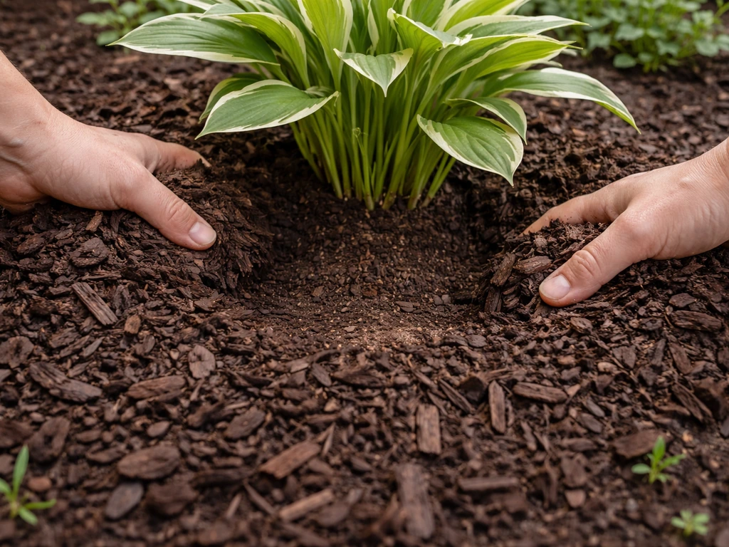 Hands spreading mulch around a plant base, leaving mulch pulled back from the stem to conserve moisture.