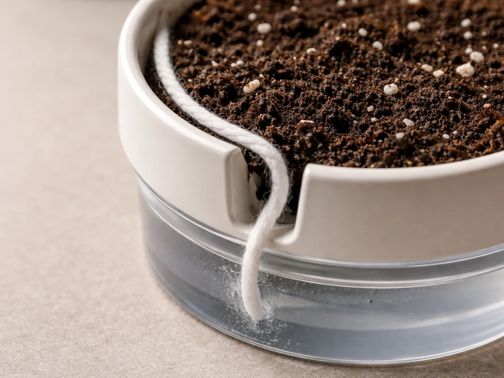 Close-up of a self-watering wick planter with a wick path and water reservoir showing water uptake